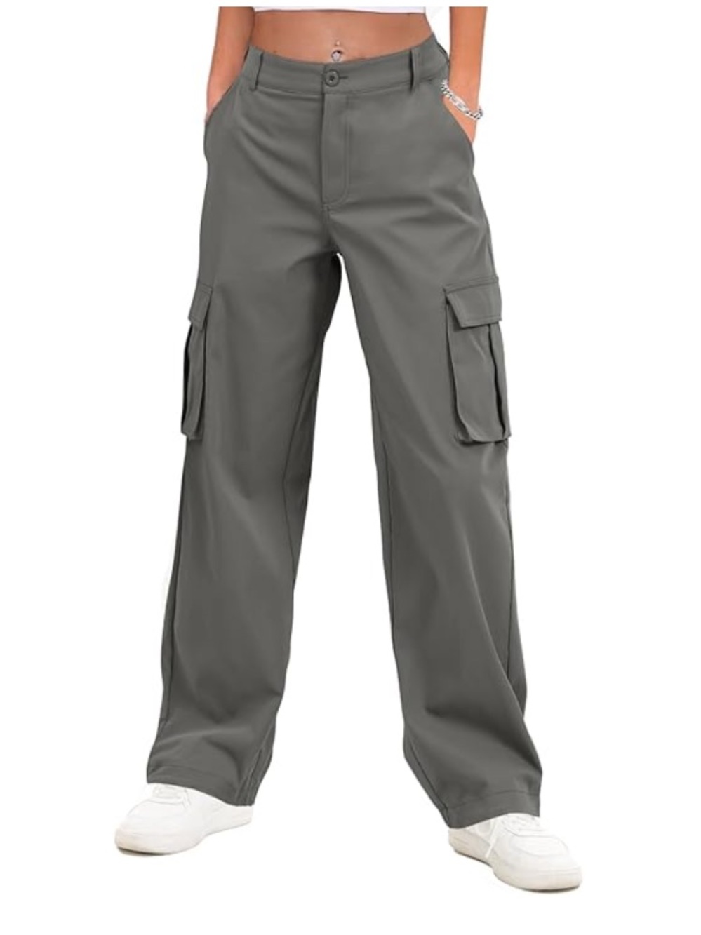 Gracyoga Women's Wide-Leg Gray Cargo Pants with Utility Pockets